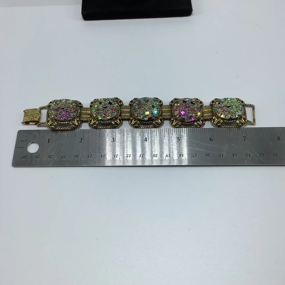 Vintage‎ Judy Lee Gold Tone Carnival Glass Link Bracelet 5 Panel Squares